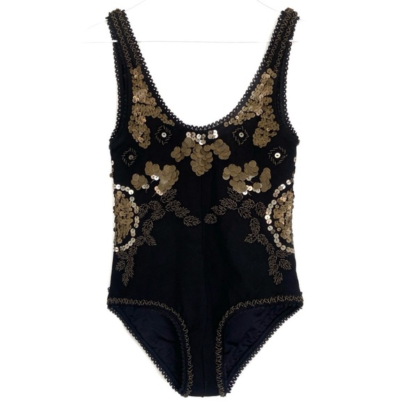 One Teaspoon Tops - ONE TEASPOON Goldrush Sequin Beaded Open Back Bodysuit